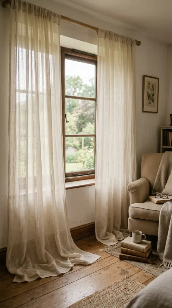 15 Light Linen Swivel Reading Chair Bedroom Nook Ideas 8 8. Linen Curtains Softening the Window Light