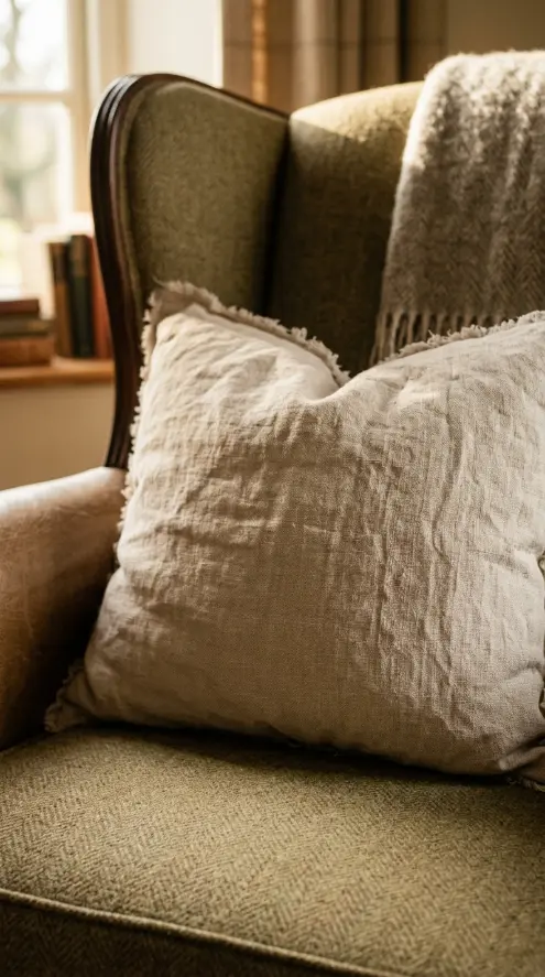 13 Light Linen Wingback Reading Chair Bookshelf Corner 8 8. Linen Throw Pillow with Frayed Edge