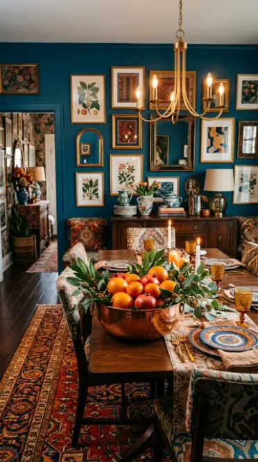 13 Blue and Orange Thanksgiving Table Ideas to Save 8 8. Maximalist Teal Walls Citrus and Layered Copper
