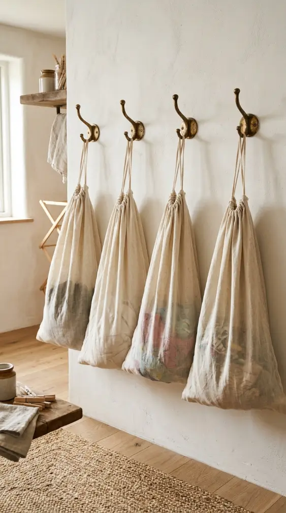 15 Elegant Laundry Room Ideas Warm White Oak Scandinavian Style 8 8. Natural Linen Laundry Bags on Brass Hooks