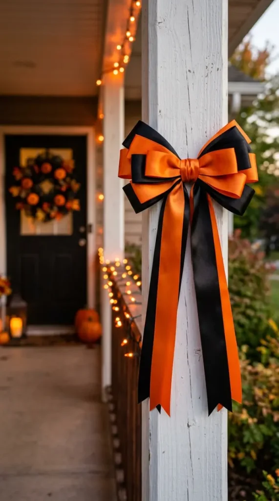 13 Dollar Tree Halloween Decor Ideas Front Porch Budget 8 8. Orange and Black Ribbon Bows on Porch Posts