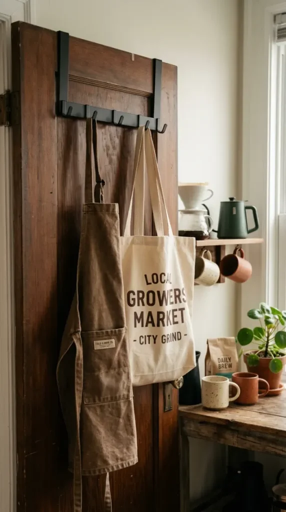 17 Small Space Eclectic Coffee Corner Ideas for Renters 8 8. Over the Door Hook Rack for Aprons and Totes