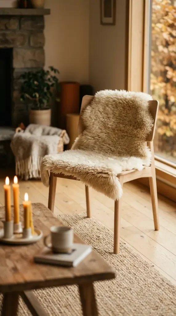 15 Fall Home Decor Ideas Scandinavian Minimal Warm Style 8 8. Place a Single Sheepskin Over an Accent Chair