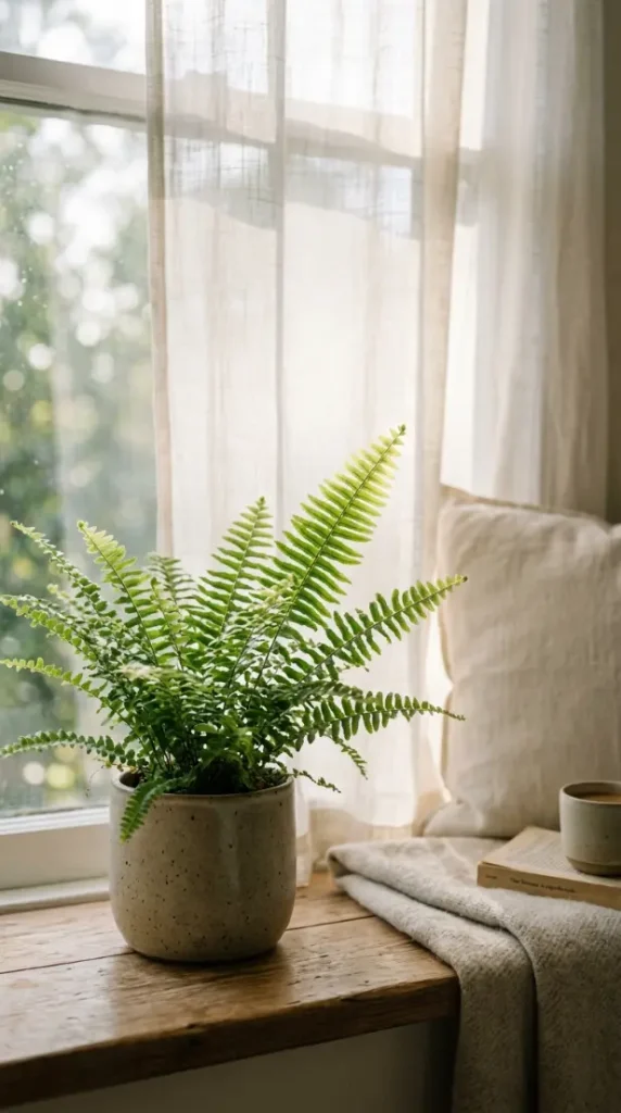 14 Curtained Window Reading Nook Soft Dreamy Corner Ideas 8 8. Potted Fern Silhouetted Against the Curtain