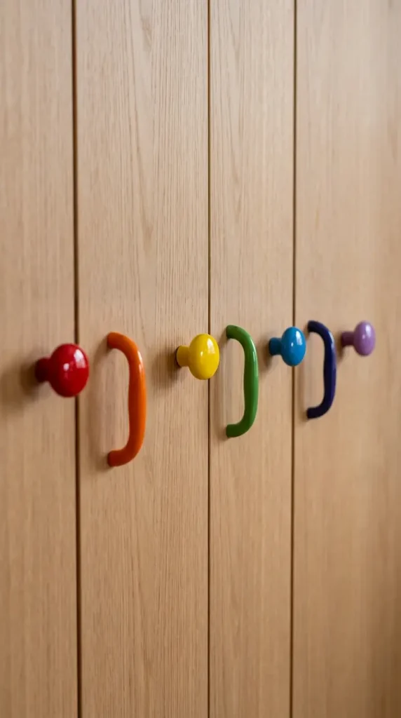 18 Dopamine Kitchen Ideas for a Bold Colorful Space 8 8. Rainbow Cabinet Knobs and Pulls