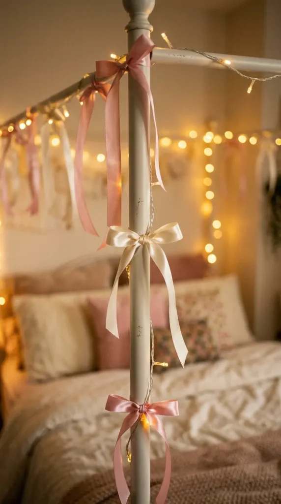 15 Romanticizing My Room Small Space Fairy Light Canopy Ideas 8 8. Ribbon Bows Tied Along the Canopy Frame