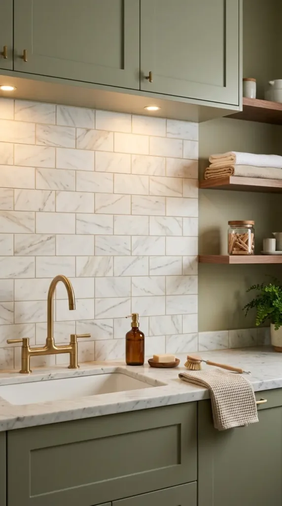 20 Luxury Laundry Room Ideas Sage Green Walnut Warm Style 8 8. Sage Green Laundry Room With White Marble Subway Tile Splashback