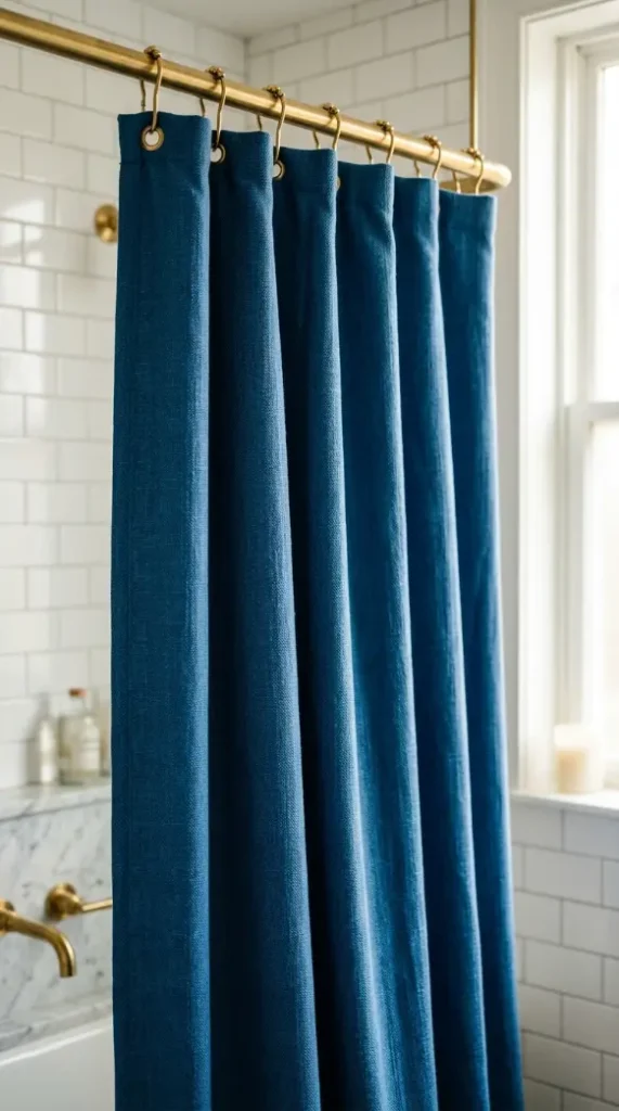 18 Jewel Tone Bathroom Ideas for a Luxurious Space 8 8. Sapphire Blue Shower Curtain With Brass Rings