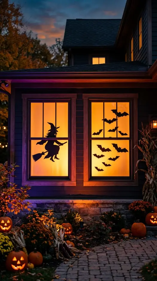 15 Outdoor Halloween Decorations Front Yard Spooky Style 8 8. Silhouette Cutouts in Lit Windows