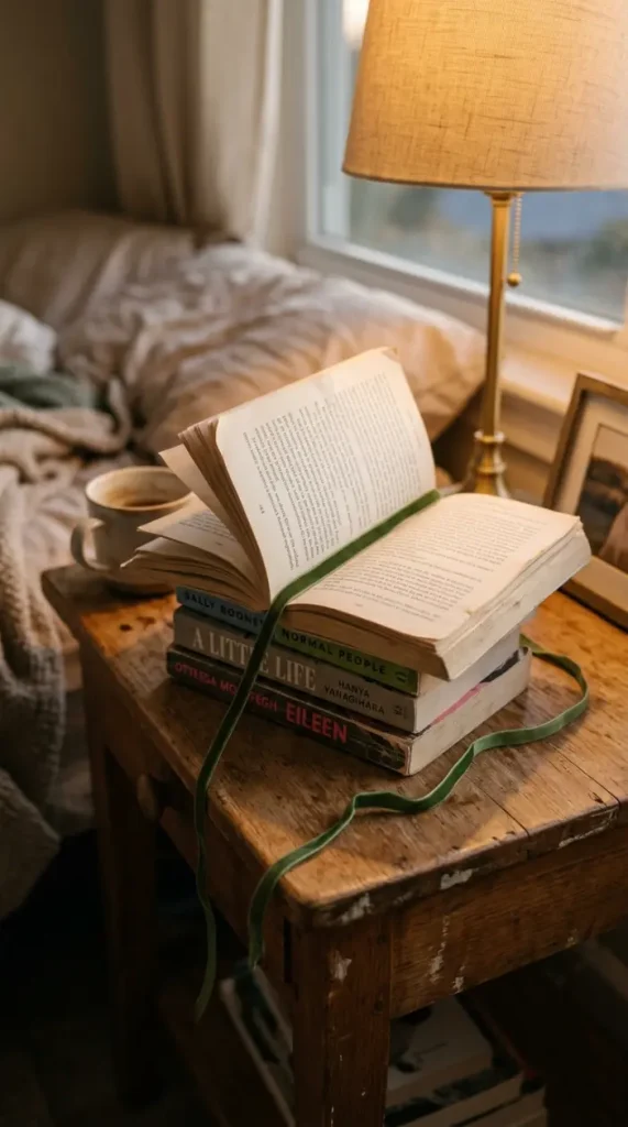 13 Golden Hour Bedroom Aesthetic Evening Ritual Corner Ideas 8 8. Stack of Books with a Bookmark Ribbon