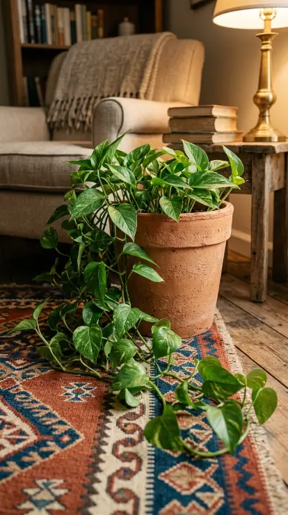 17 Small Reading Nook Cozy Corner Boho Woven Warmth 8 8. Terracotta Pot with Trailing Pothos