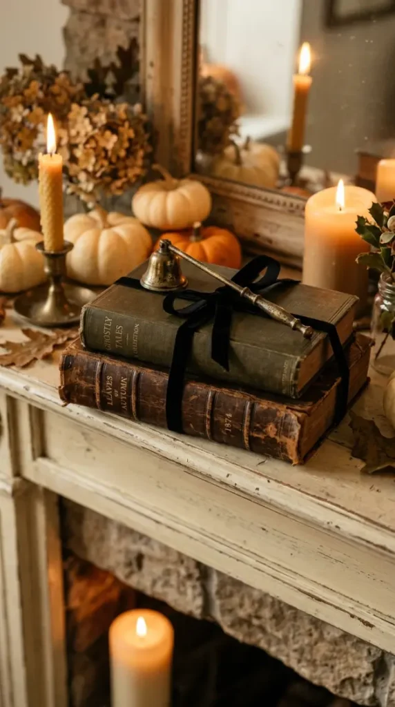 17 Elegant Halloween Mantel Decor French Country Style 8 8. The Antique Book Stack with Black Velvet Ribbon