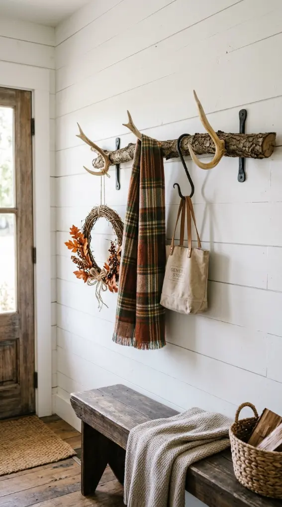 13 Rustic Fall Decorating Front Porch and Entryway Style 8 8. The Antler and Natural Branch Hook Rail Entryway