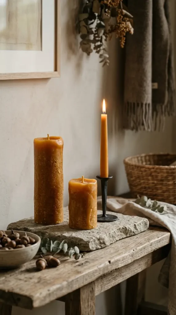 12 Neutral Fall Decor Ideas for an Entryway Console in Organic Style 8 8. The Beeswax Organic Candle Cluster