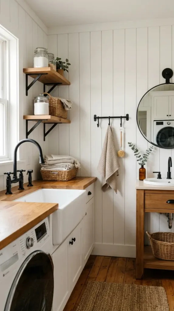 14 Laundry Room Bathroom Combo Warm Neutral Farmhouse Style 8 8. The Black Iron Fixture Consistency