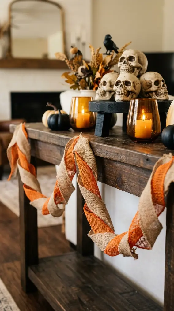 15 Dollar Tree Halloween Decor Window and Table Vignette Style 8 8. The Burlap and Mesh Ribbon Table Drape