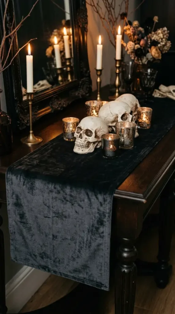 14 Neutral Halloween Decor Gothic Console Table Style 8 8. The Charcoal Velvet Runner
