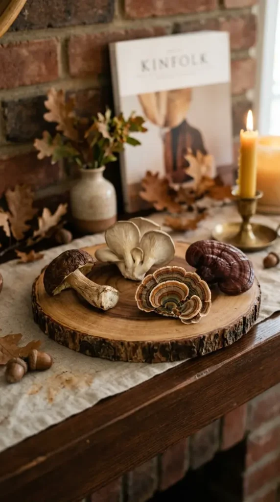 15 Fall Mantel Decor Ideas for a Botanical Nature Inspired Look 8 8. The Dried Mushroom and Fungi Specimen Display