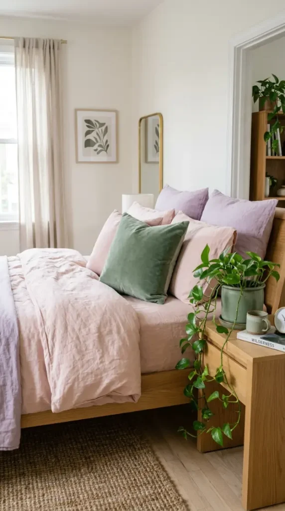 24 Apartment Bedroom Decor Pastel Dreamy Feminine Style 8 8. The Soft Sage Accent Textile Layer