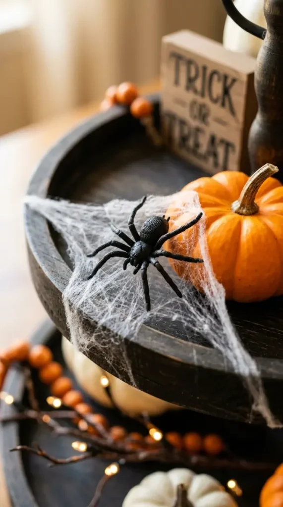 16 Cute Halloween Tiered Tray Black and Orange Classic Style 8 8. The Spider and Web Tier Detail