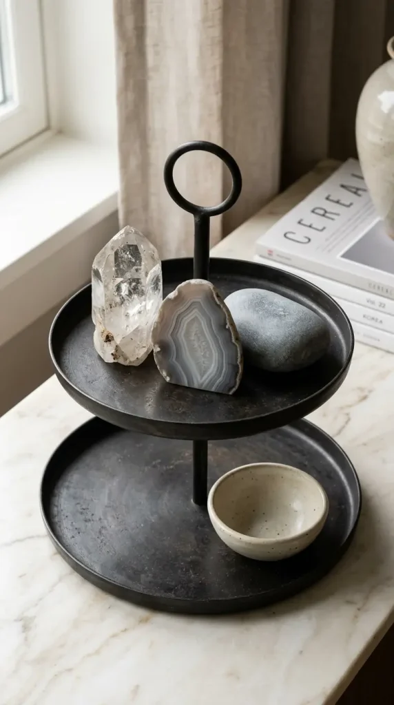 13 Neutral Fall Decor Ideas for Tiered Tray Vignette Style 8 8. The Stone and Mineral Cluster Tier