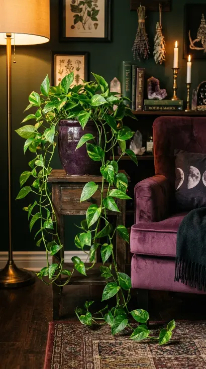 13 Cozy Halloween Decor Witchy Bedroom Corner Style 8 8. The Trailing Plant in Dark Ceramic Pot