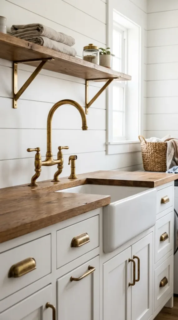 15 Laundry Room Designs Modern Farmhouse Shiplap and Warm Wood 8 8. The Unlacquered Brass Hardware Option