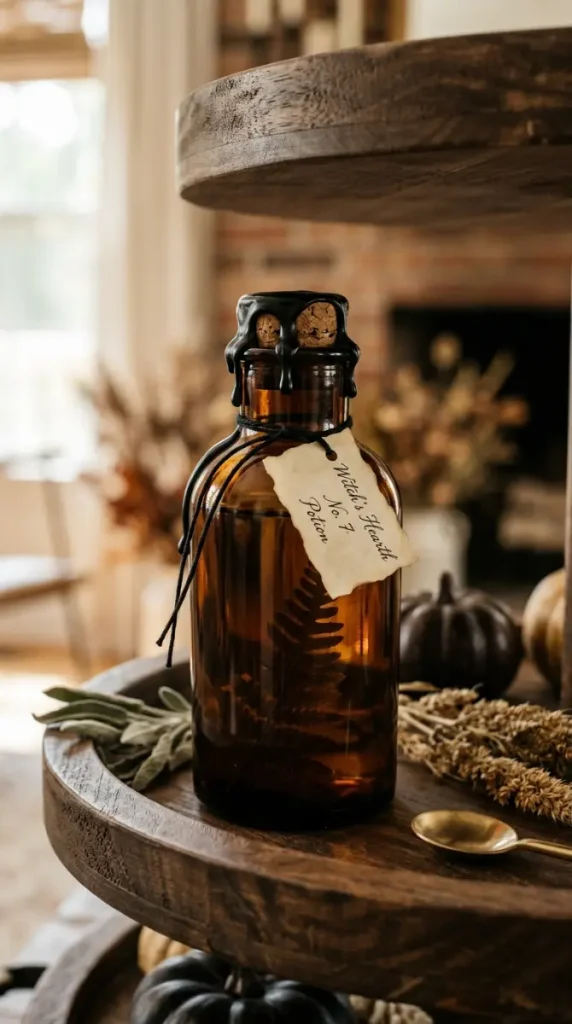 16 Halloween Tiered Tray Ideas Neutral Sophisticated Style 8 8. The Wax-Sealed Apothecary Bottle