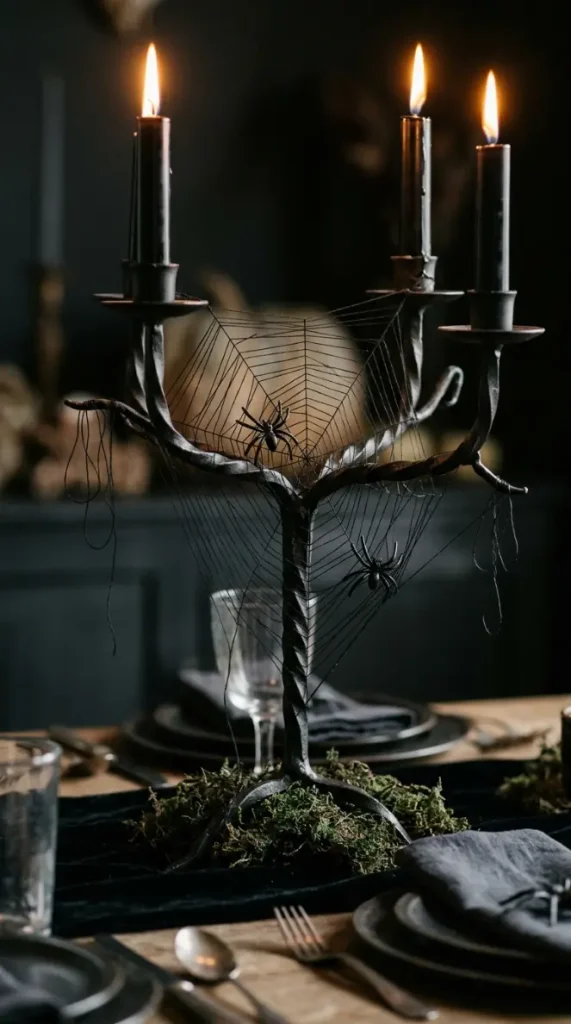 15 DIY Halloween Centerpieces Gothic Candelabra Dinner Table Look 8 8. Weave a Cobweb From Black Thread Across the Candelabra Arms