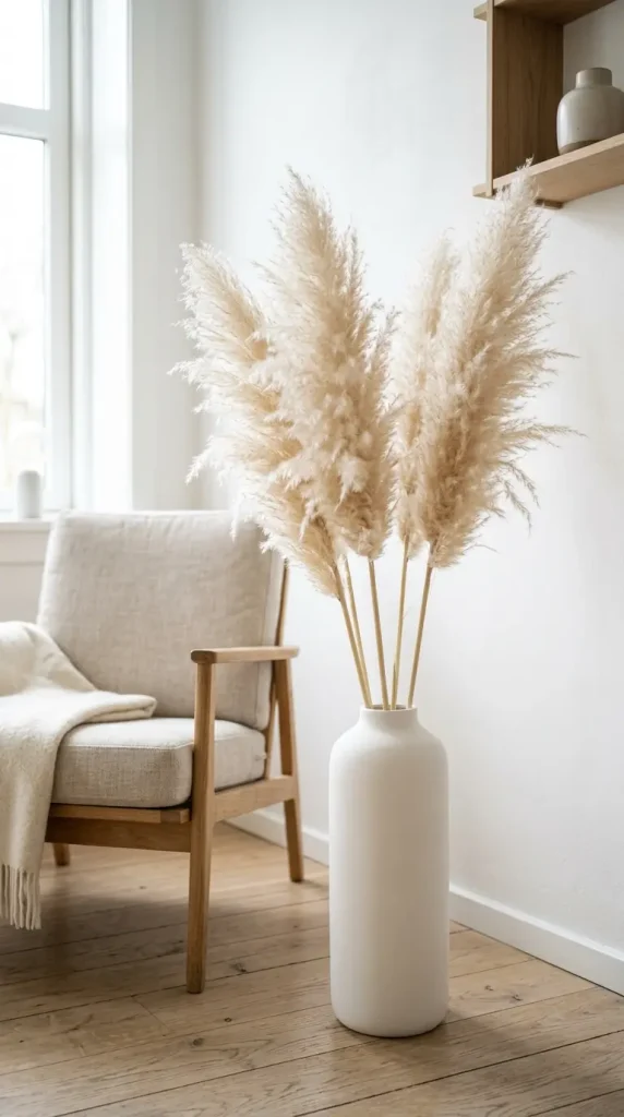 18 Small Reading Nook Cozy Corner Nordic Airy Minimal 8 8. White Ceramic Vase with Dried Pampas Grass