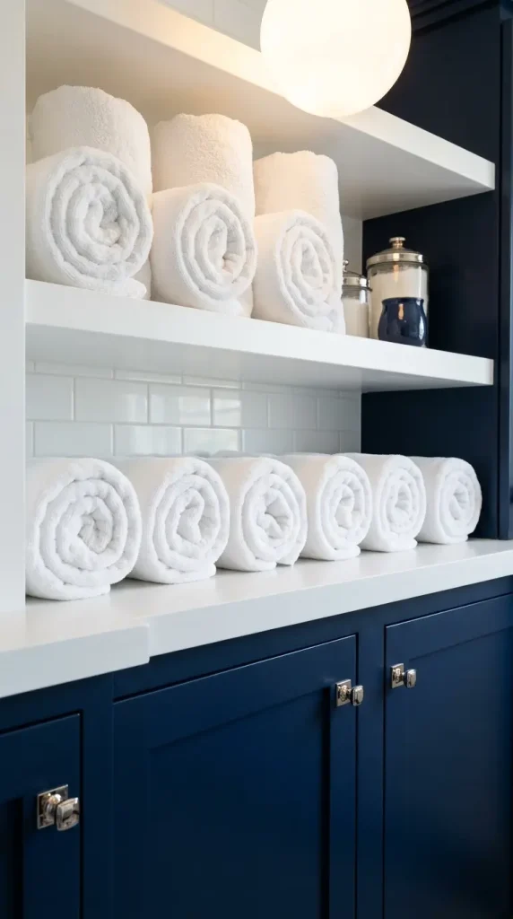 12 Luxury Laundry Room Ideas Navy White Nautical Refined 8 8. White Open Shelving With Neatly Rolled Towels