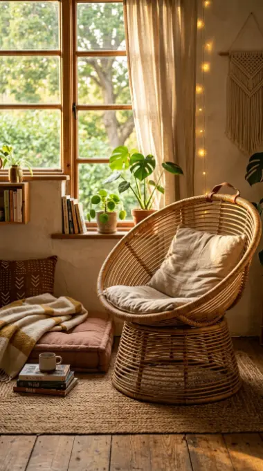 17 Golden Hour Bedroom Aesthetic Boho Floor Cushion Nook Ideas 8 8. Woven Basket Chair Tucked in the Corner
