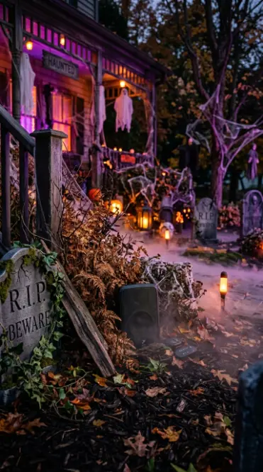 12 Outdoor Halloween Display Haunted House Front Yard 9 9. A Complete Sound System for Atmospheric Audio