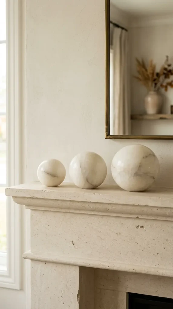 14 Fall Mantel Decor Ideas for a Quiet Luxury Neutral Look 9 9. A Curated Trio of Alabaster Spheres