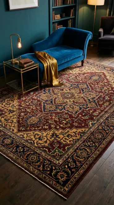 10 Chaise Lounge Velvet Jewel Tone Sapphire Blue Style 9 9. A Deep Burgundy Antique Persian Rug Beneath the Chaise