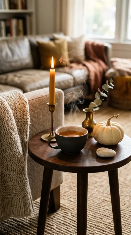 14 Fall Home Decor Ideas Warm Neutral Living Room Style 9 9. A Fall Side Table Vignette