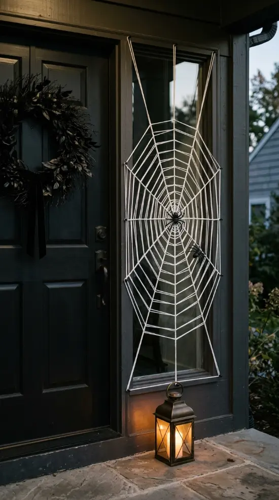 13 Easy Halloween Entryway Decor Black White Classic Style 9 9. A Monochrome Spider Web Window Treatment