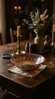 15 Vintage Glassware Ideas for an Eclectic Table 9 9. A Single Carnival Glass Bowl Catching Rainbow Light