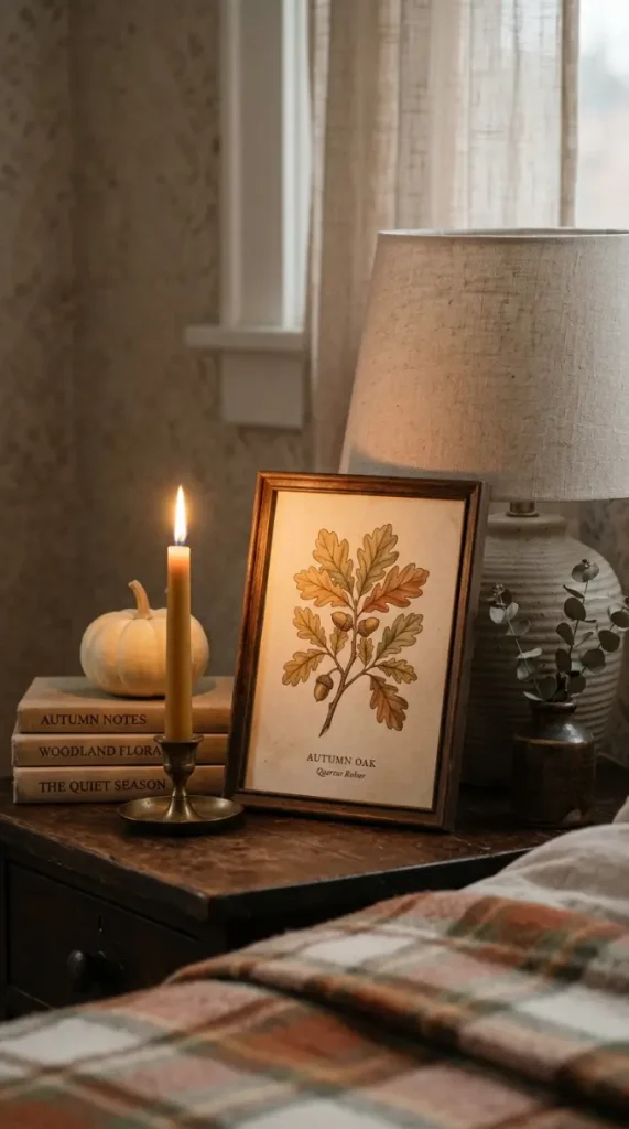 15 Small Space Fall Decorating Ideas Bedroom Corner Style 9 9. A Small Framed Print Leaning on the Bedside