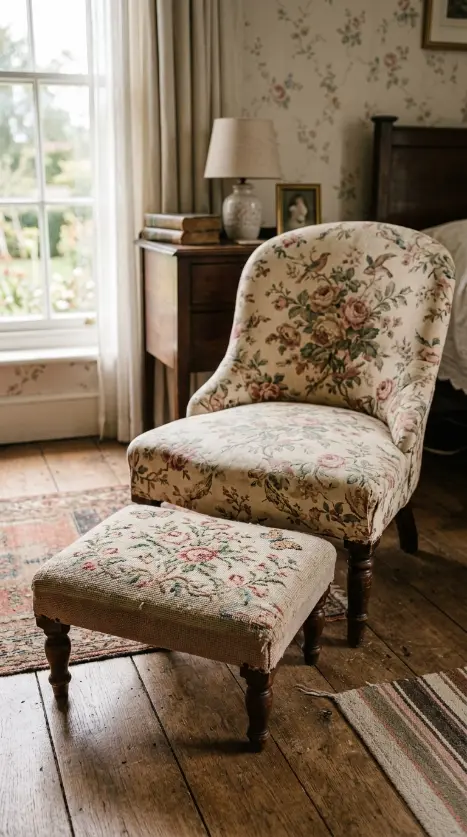 19 Reading Chair in Bedroom Vintage Floral Slipper Corner 9 9. A Small Needlepoint Footstool at the Chairs Feet