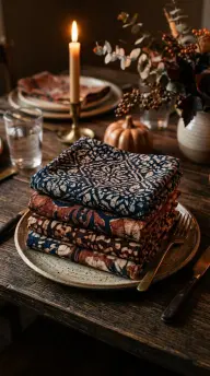 17 Boho Eclectic Centerpiece for Thanksgiving 9 9. A Small Stack of Vintage Batik Cloth Napkins