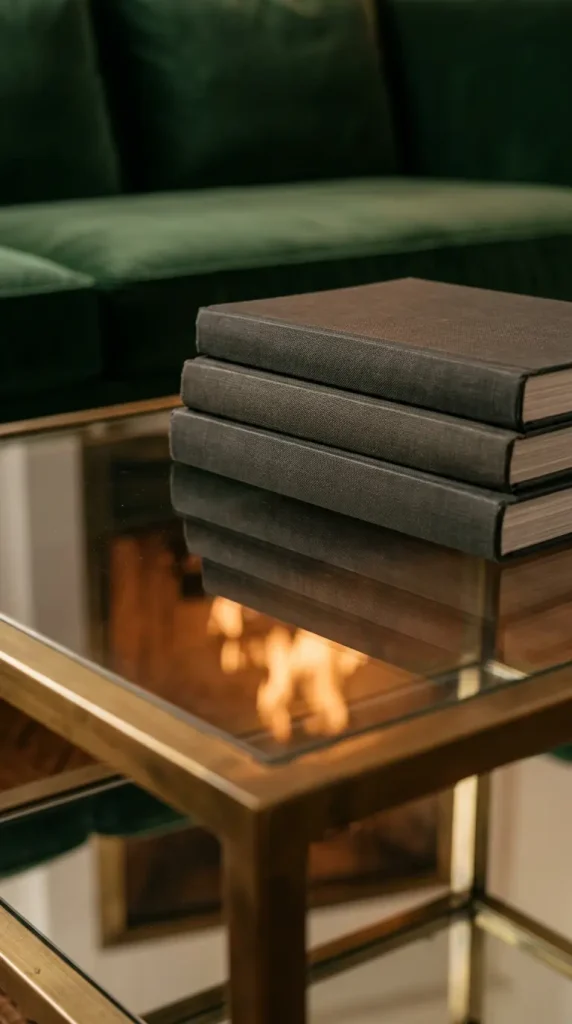 11 Cozy Reading Corners Fireplace Green Sofa Cinematic 9 9. A Stack of Books on a Low Brass Table