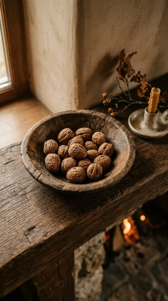 18 Collected Fall Mantel Styling Ideas That Feel Easy 9 9. A Weathered Wooden Bowl Holding a Few Loose Walnuts
