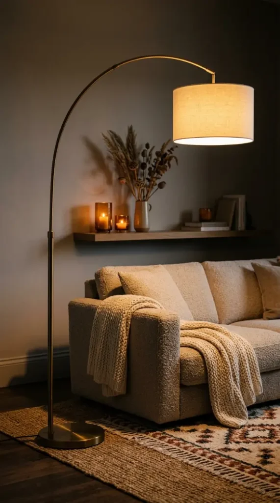 15 Fall Home Decor Ideas Scandinavian Minimal Warm Style 9 9. Add a Slim Brass Arc Floor Lamp for Warm Evening Light