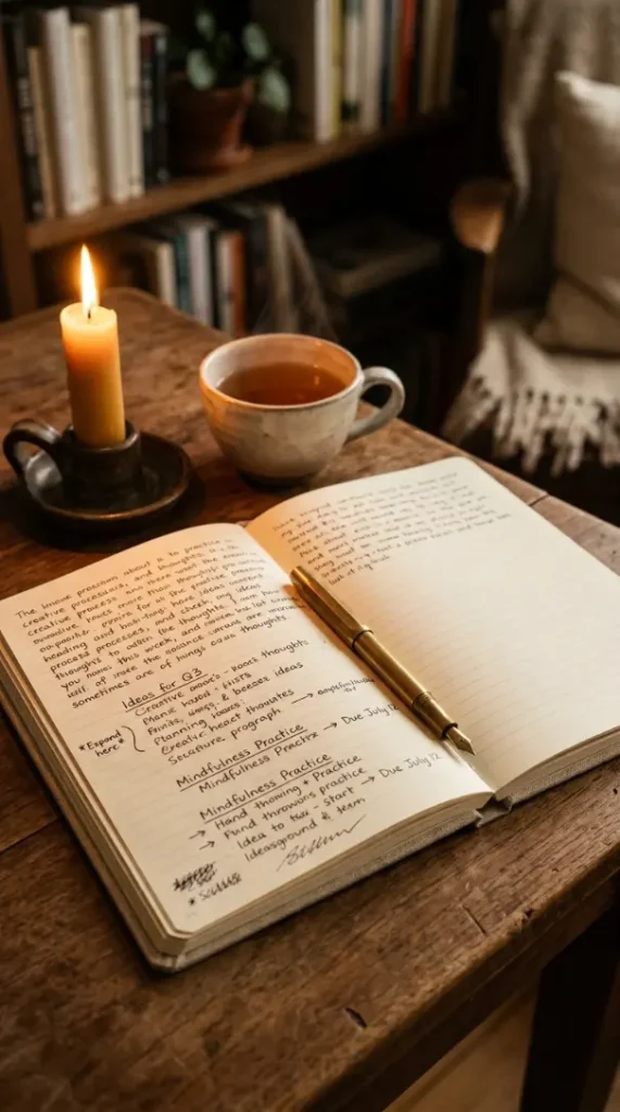 18 Cozy Office Aesthetic Candlelight Bookshelf Warm Style 9 9. An Open Notebook With Handwritten Notes