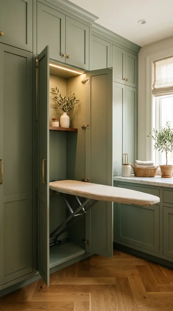 20 Luxury Laundry Room Ideas Sage Green Walnut Warm Style 9 9. Built-In Ironing Board Behind Sage Green Cabinet Door