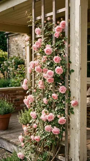 16 Summer Cottagecore Porch Swing Sitting Area Ideas 9 9. Climbing Rose Trellis Beside the Porch