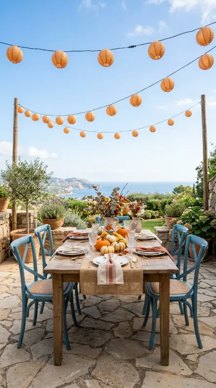 13 Blue and Orange Thanksgiving Table Ideas to Save 9 9. Coastal Sky Blue Patio and Paper Lanterns