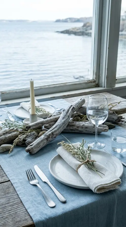 12 Romantic Thanksgiving Feast Styling Ideas to Save 9 9. Coastal Table Set With Driftwood and Linen Sails