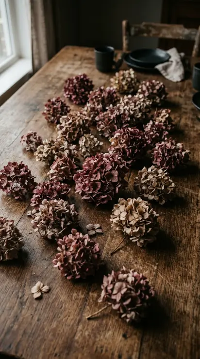 14 Moody Centerpiece Ideas for an Effortless Table 9 9. Dark Dried Hydrangea Heads Scattered Loose Across the Table